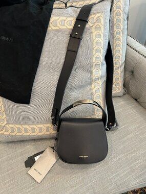 NWT AUTHENTIC GIORGIO ARMANI BLACK LEATHER SATCHEL/SHOULDER BAG GOLD HARDWARE